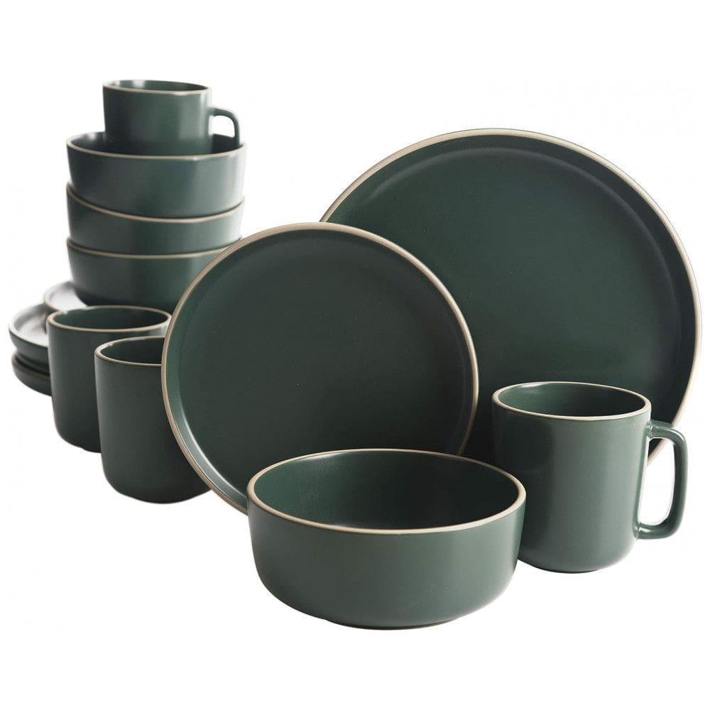 Aparelho de Jantar com 16 Peças em Cerâmica Faiança Incluindo Pratos, Xícaras e Bowls, Gibson Home Zuma, Verde
