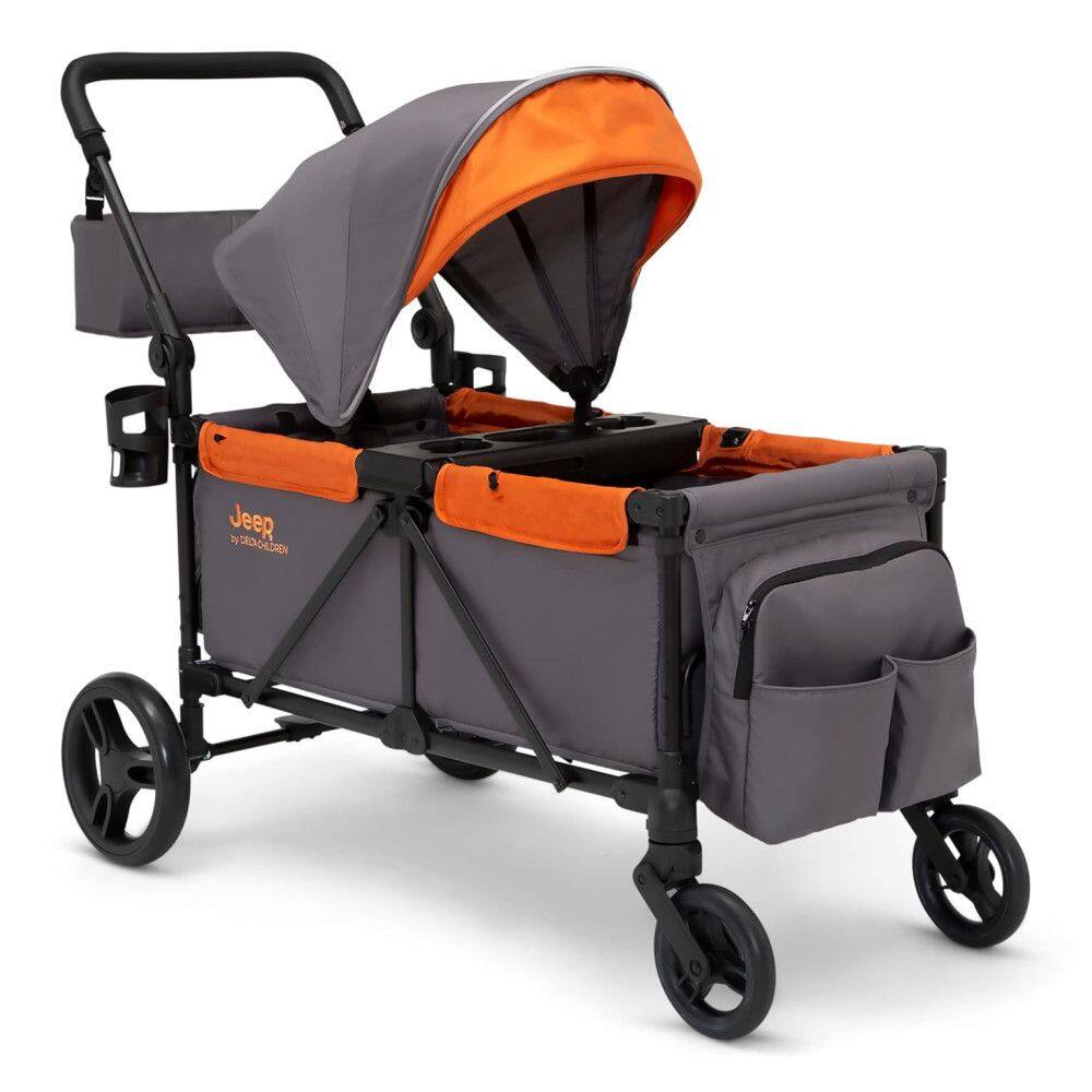 Carrinho de Passeio Vagão Duplo Multifuncional com Capota e Armazenamento, Jeep, Cinza e Laranja