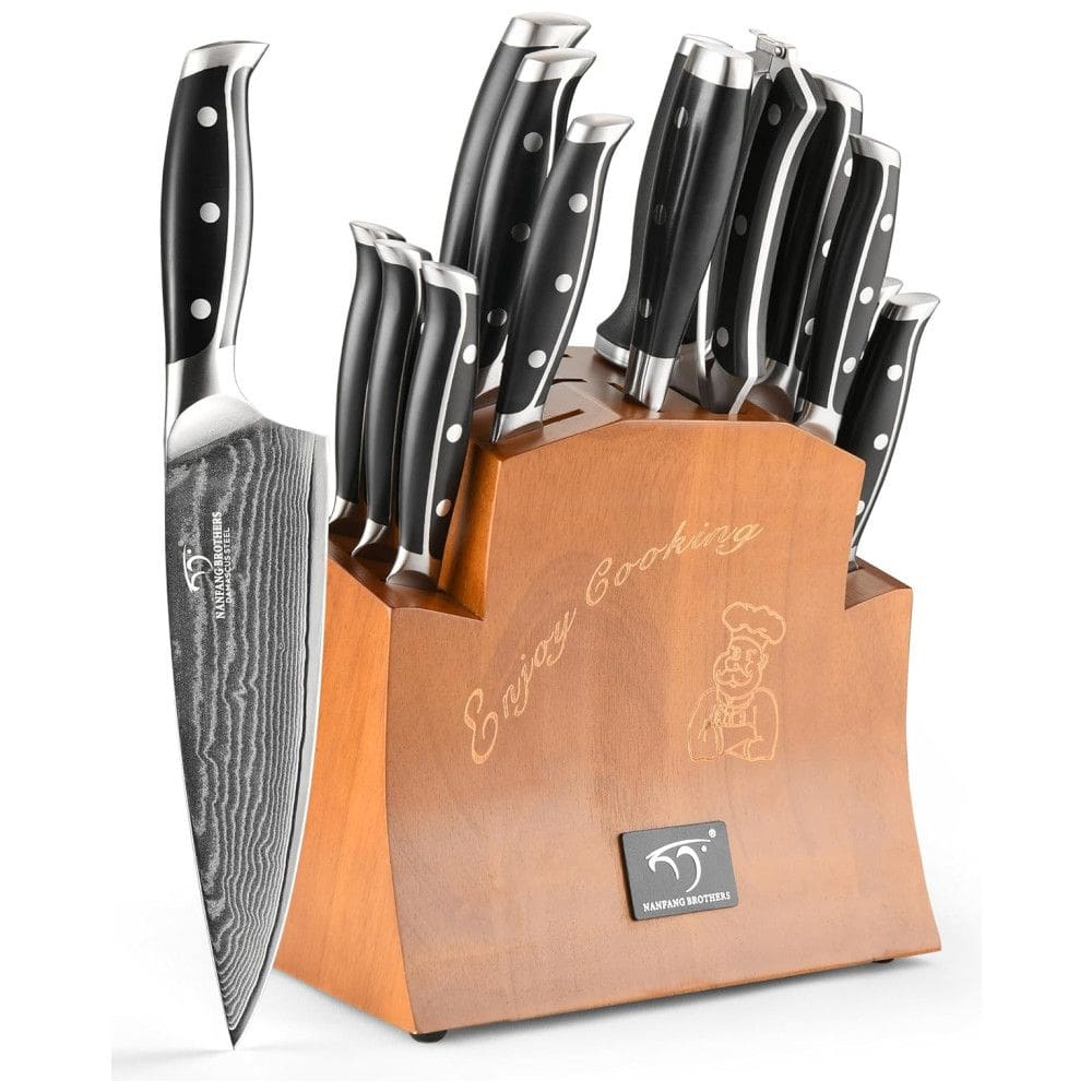 Conjunto de Facas em Aço Damasco VG10 com Bloco de Bancada e Afiador Embutido, 16 Peças, NANFANG BROTHERS, Preto