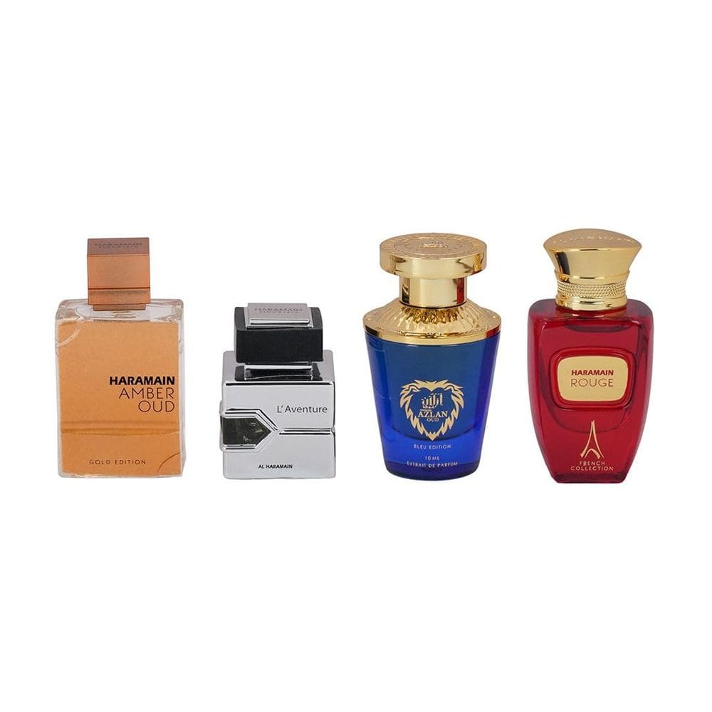 Conjunto de fragrâncias para presentes Al Haramain unissex 4x10ml (Amber Oud + L`aventure + Azlan Oud + Rouge)