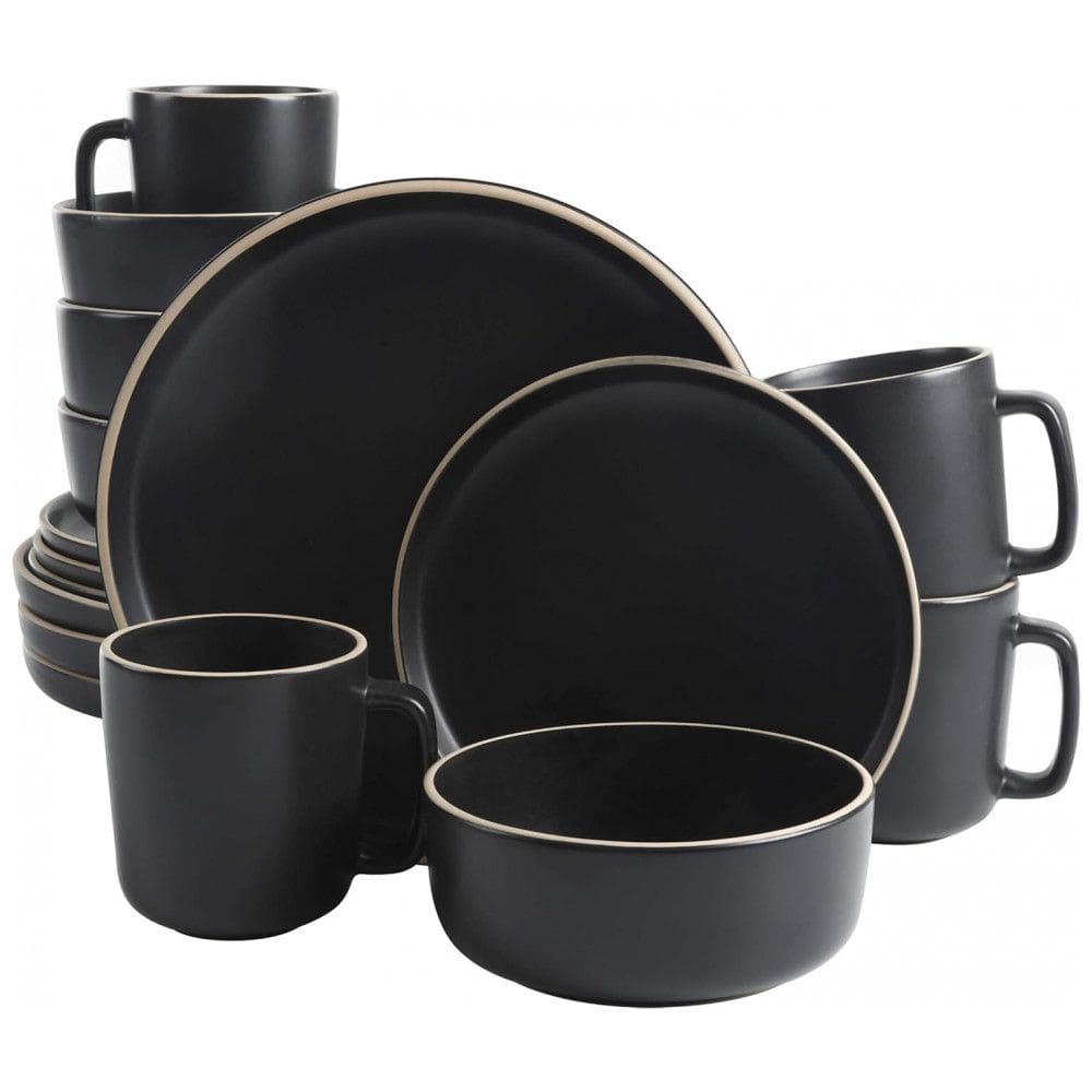 Aparelho de Jantar com 16 Peças em Cerâmica Faiança Incluindo Pratos, Xícaras e Bowls, Gibson Home Zuma, Preto
