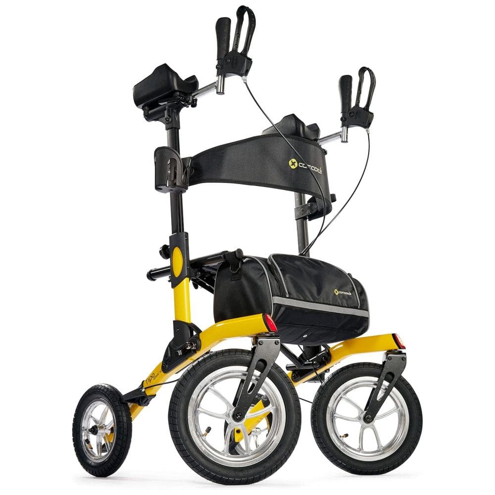 Andador para Idoso Dobrável até 136kg com Assento, Pneus Pneumáticos e Porta Bengala, Comodita, Amarelo