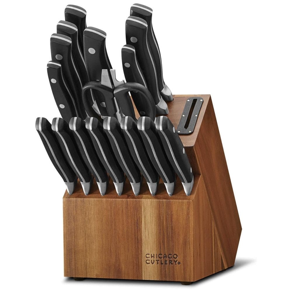 Conjunto de Facas com Bloco de Bancada, Afiador Embutido e Cabo Ergonômico, 18 Peças, Chicago Cutlery, Preto