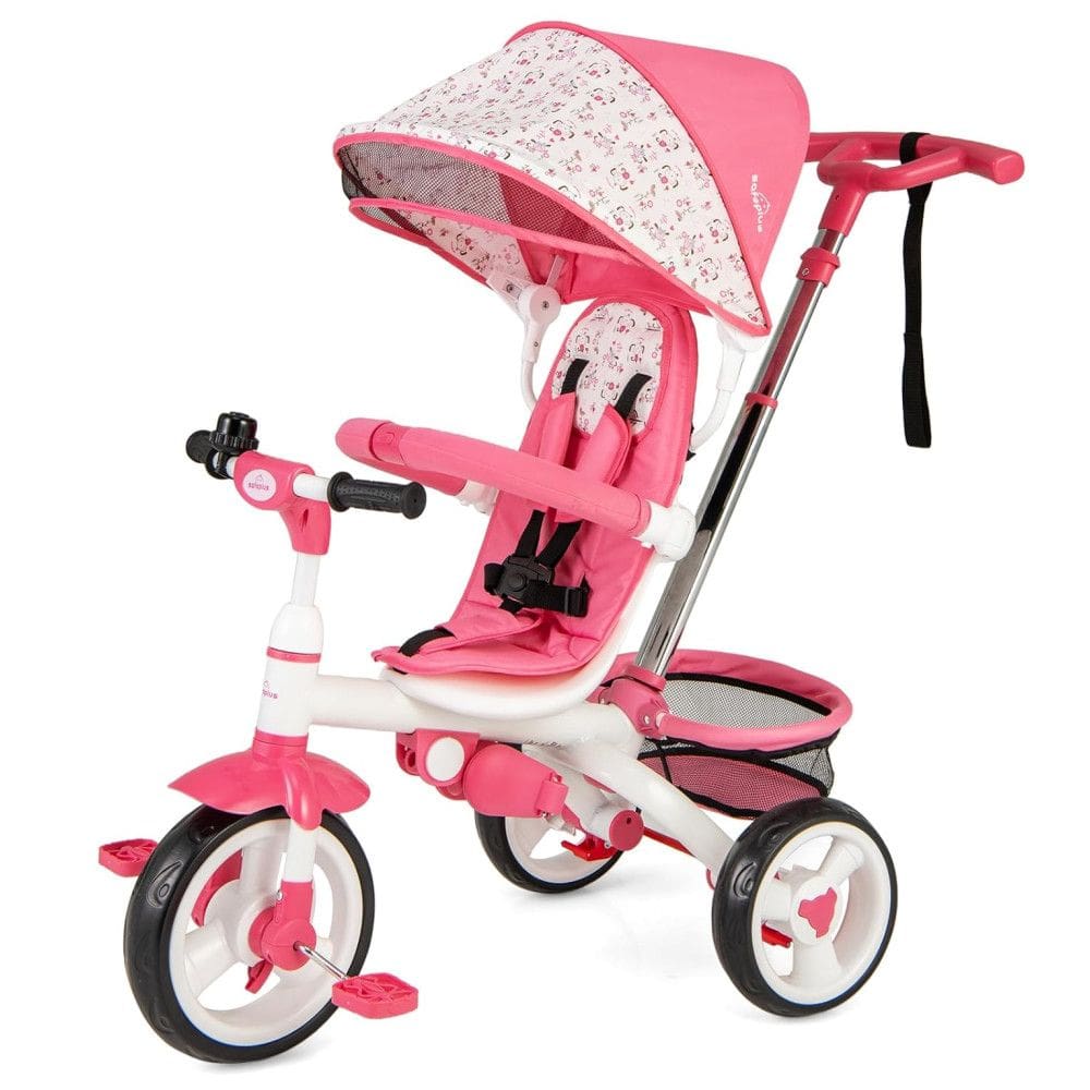 Triciclo Infantil 4 em 1 com Alça Removível, Sino, Assento Giratório e Cesta de zenamento para Crianças de 1 a 5 anos, Costzon, Rosa