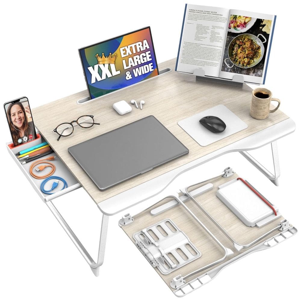 Mesa Mega XXL Extra Large Premium Build Mesa de cama dobrável, mesa de colo e mesa para laptop Gaveta, suporte para livros