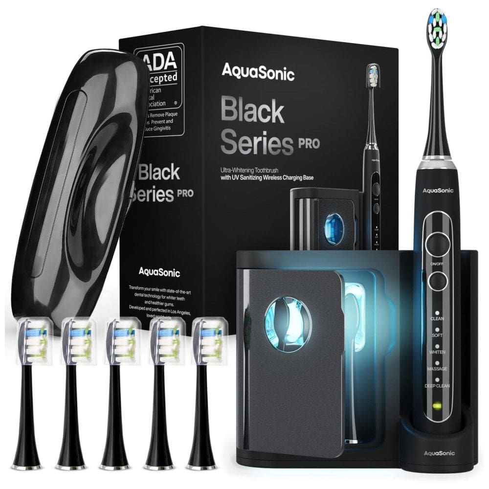 AquaSonic Escova de Dentes Elátrica Ultra Branqueadora, 4 Modos e Temporizadores Inteligentes, Preto
