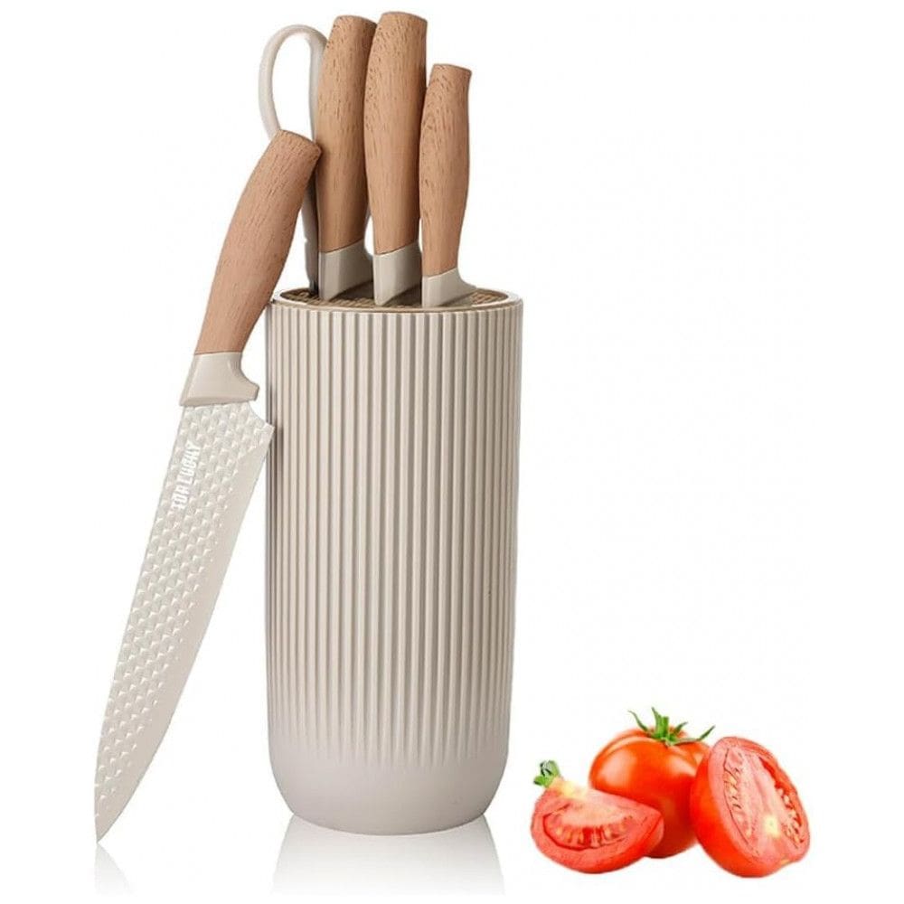 Conjunto de Facas com Bloco de Bancada e Cabo Ergonômico, 6 Peças, Wiztoynia, Marrom Claro