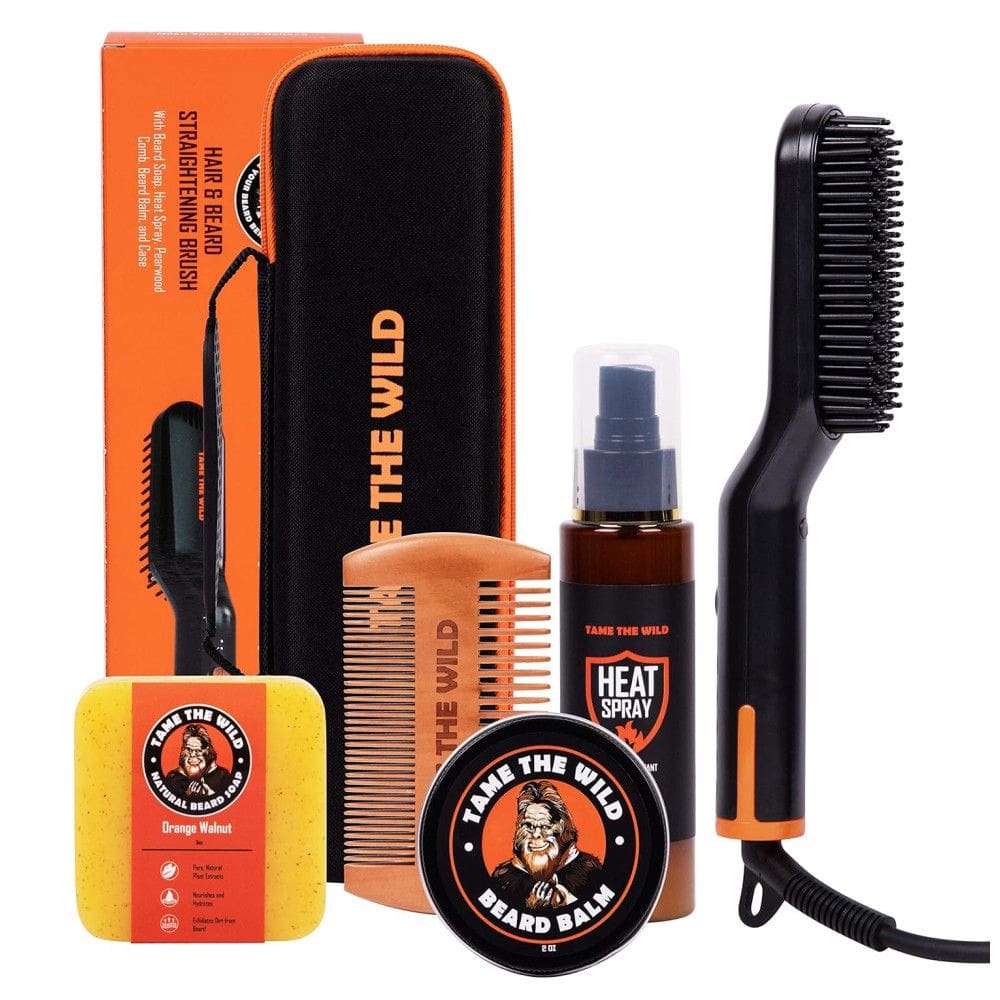 Kit para Barba Profissional Portátil com Cera, Pente e Escova Alisadora, 5 Itens, 110V, TAME THE WILD, Preto