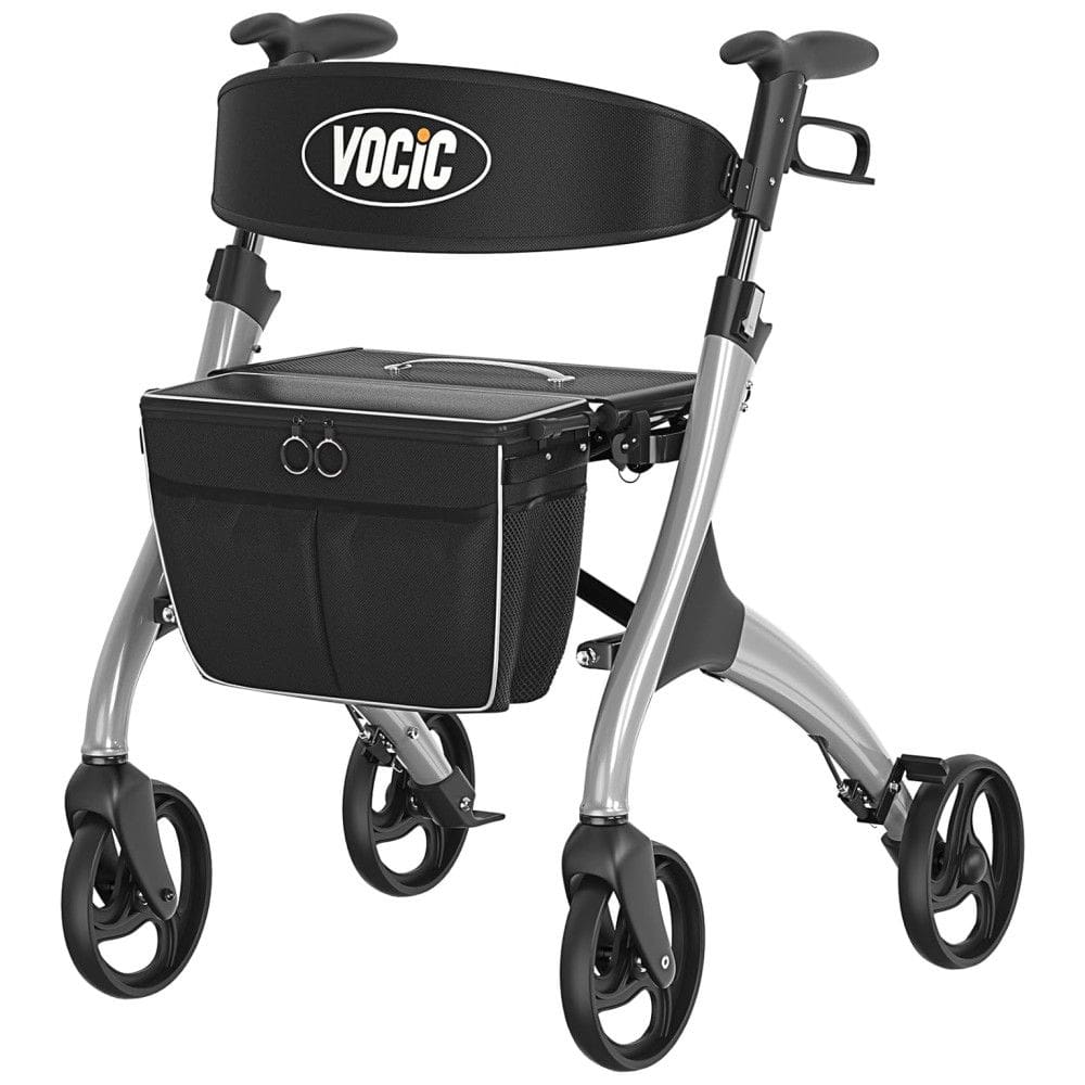 Andador para Idoso Dobrável até 136kg com Assento, Bolsa para Transporte e Encosto, VOCIC, Cinza