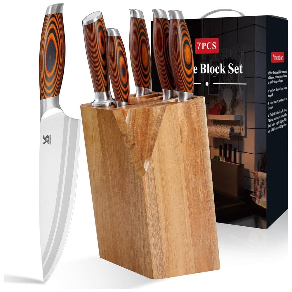 Conjunto de Facas em Aço Inoxidável com Bloco de Bancada e Cabo Pakkawood, 7 Peças, MSY BIGSUNNY, Marrom