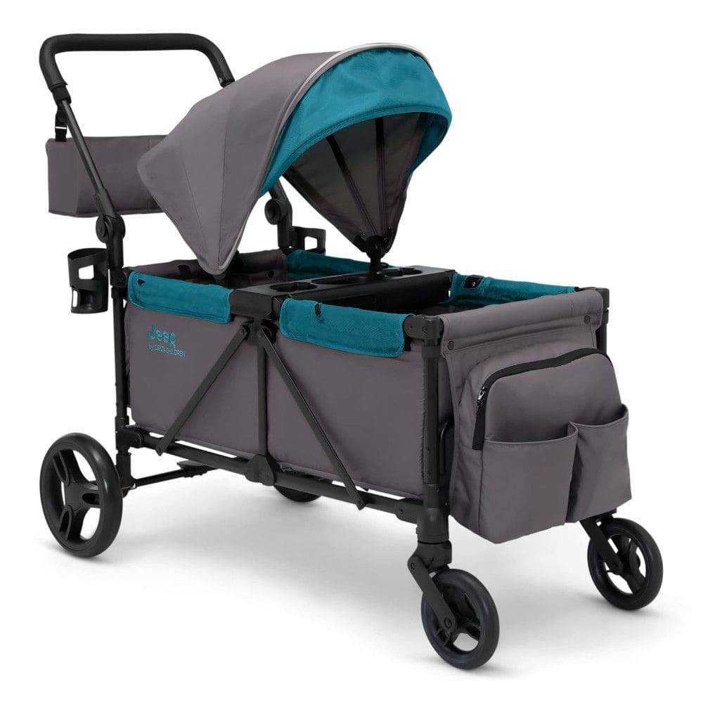 Carrinho de Passeio Vagão Duplo Multifuncional com Capota e Armazenamento, Jeep, Cinza e Azul