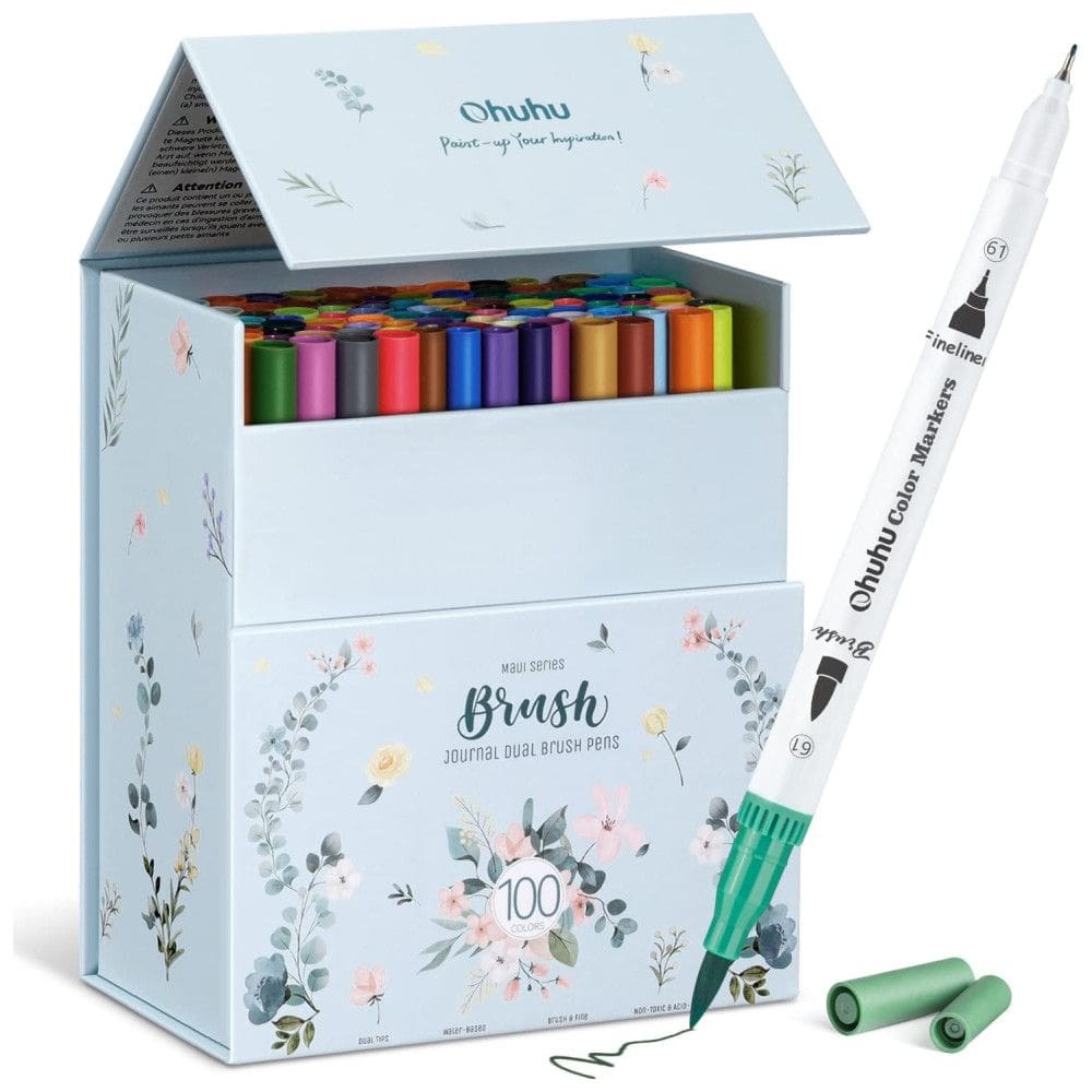 Conjunto de Canetas Artisticas 100 Cores com Pontas Duplas, Pincel Fino à Base de Água para Crianças e Adultos, Ohuhu, Branca