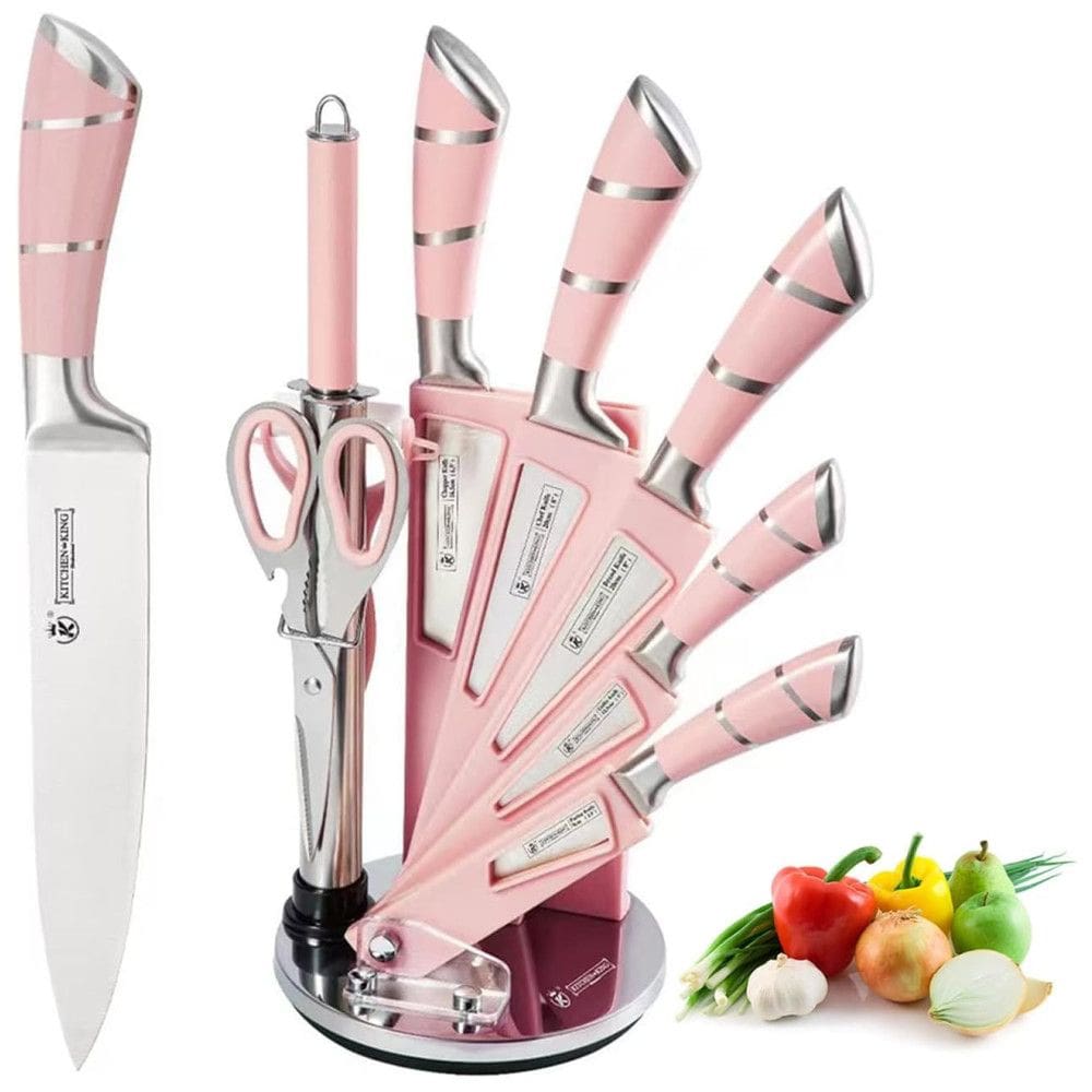 Conjunto de Facas em Aço Inoxidável com Suporte em Acrílico, 9 Peças, Rosa