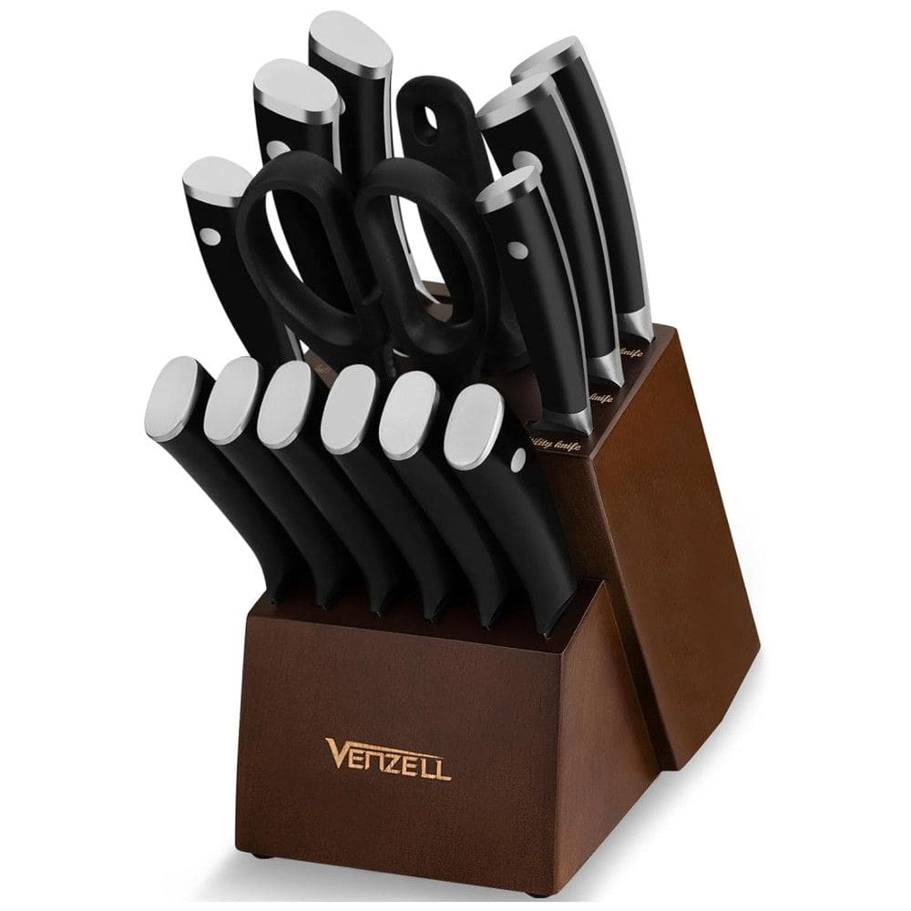 Conjunto de Facas com Bloco de Bancada, Afiador Embutido e Cabo Ergonômico, 15 Peças, VENZELL, Preto