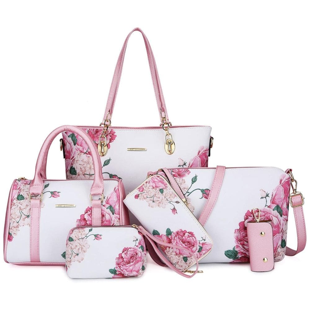 Conjunto de Bolsas Femininas de Couro Sintético, 6 Unidades, Estampa Florida, 2E YOUTH, Branco