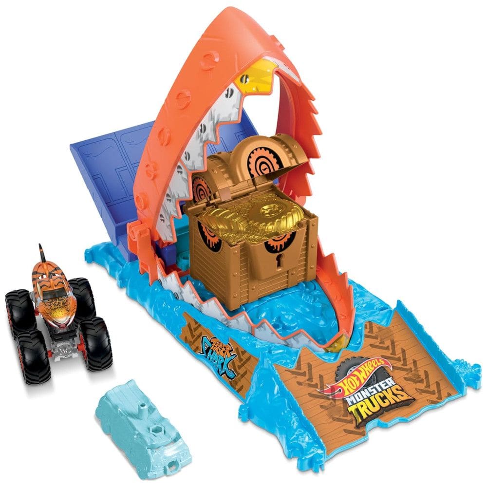 Caminhão Mosntro Tigre Tubarão Escala 1:64 e Pista Desafio Tesouro, Hot Wheels