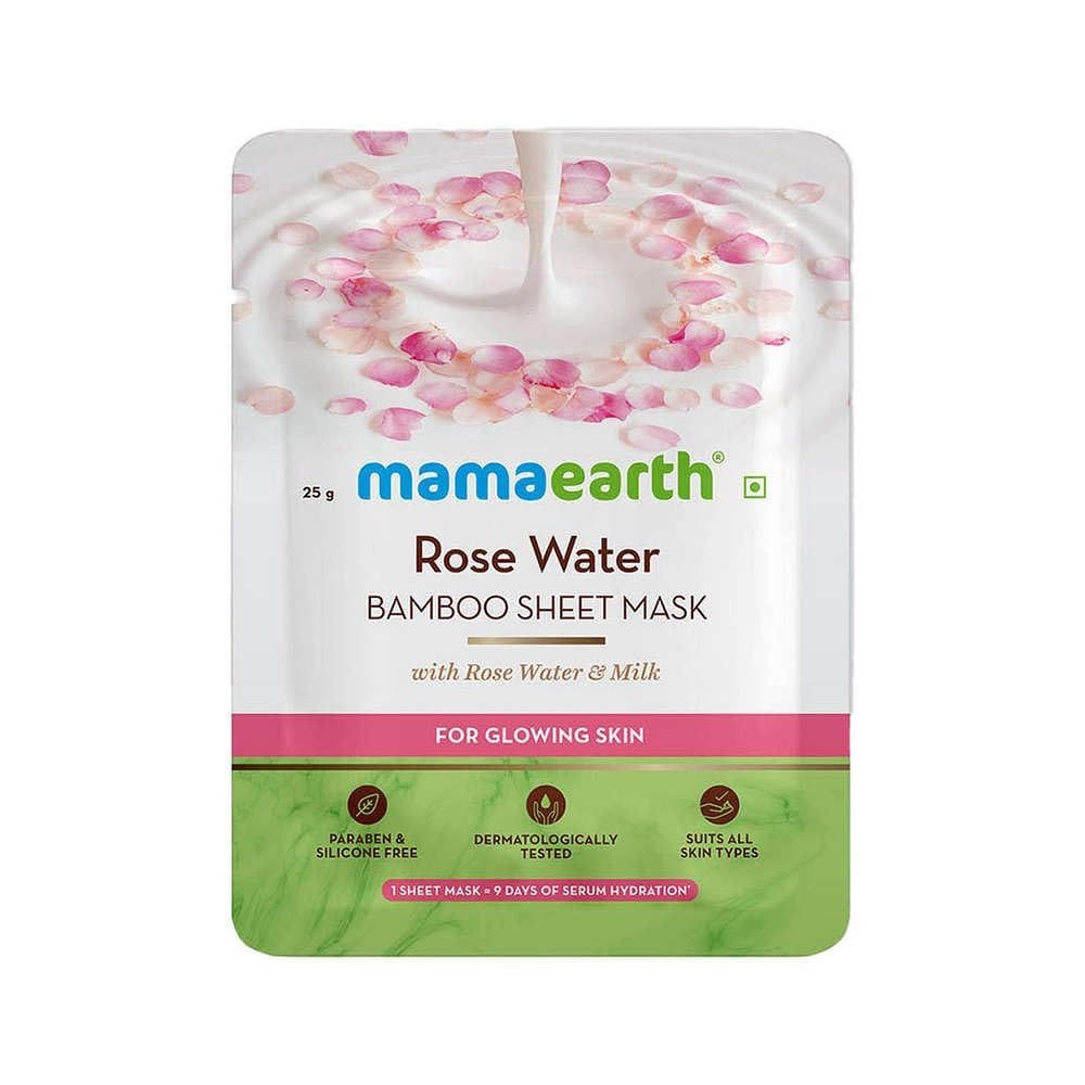 Máscara de lençol Mamaearth Rose Water & Milk 25ml para pele brilhante