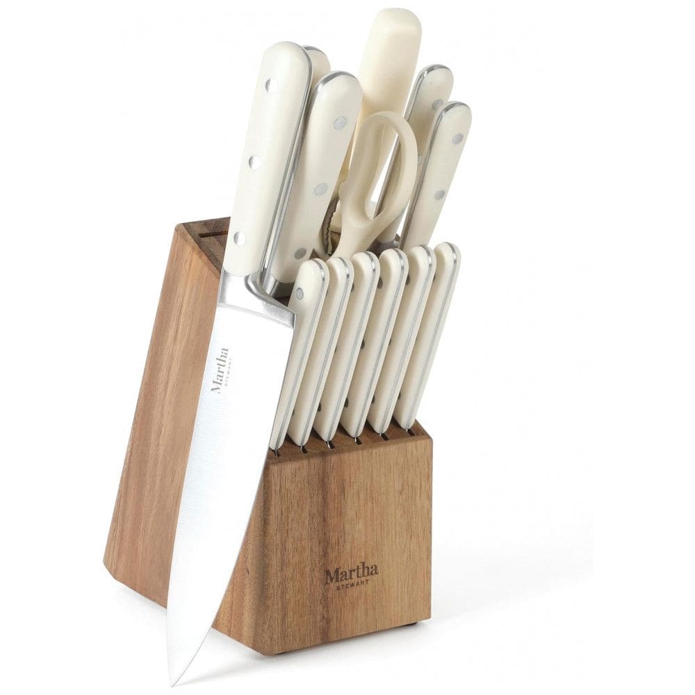 Conjunto de Facas em Aço Inoxidável com Bloco de Bancada em Madeira de Acácia, 14 Peças, MARTHA STEWART, Branco