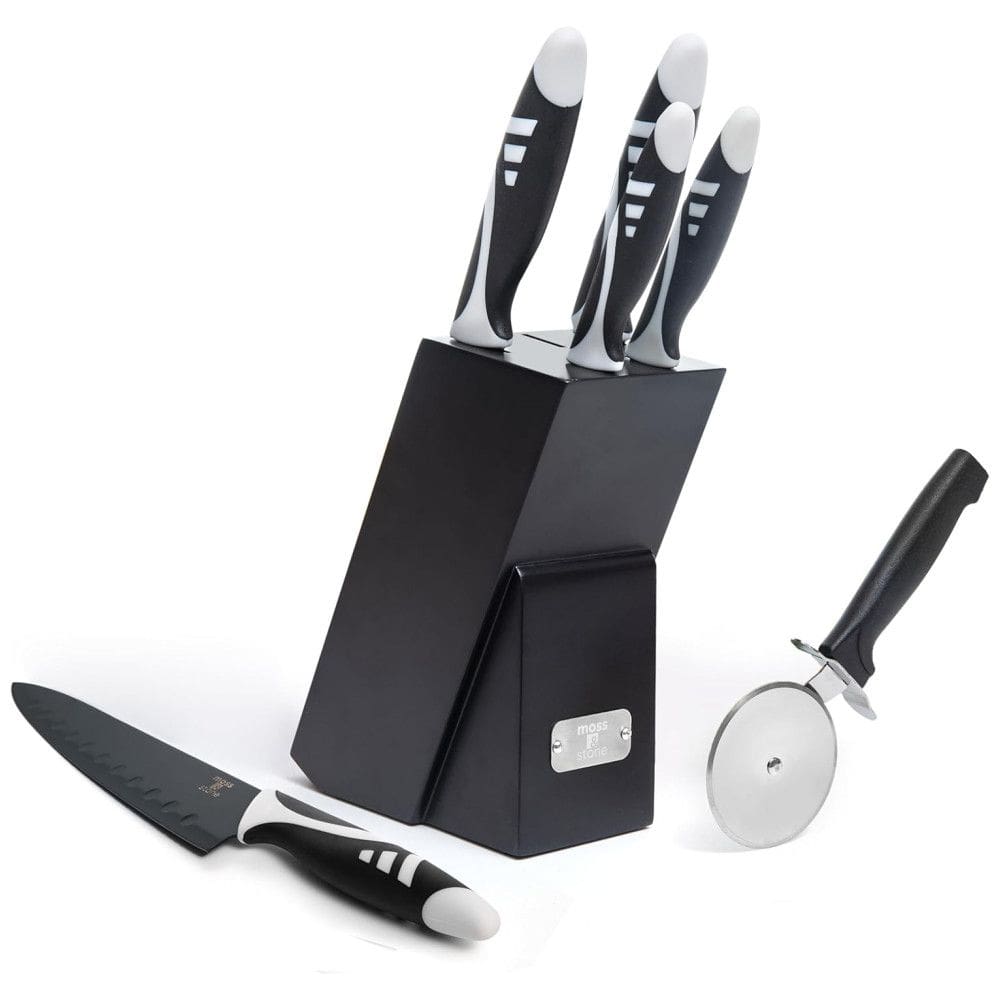 Conjunto de Facas em Aço Inoxidável com Bloco de Bancada, 7 Peças, MOSS STONE, Preto