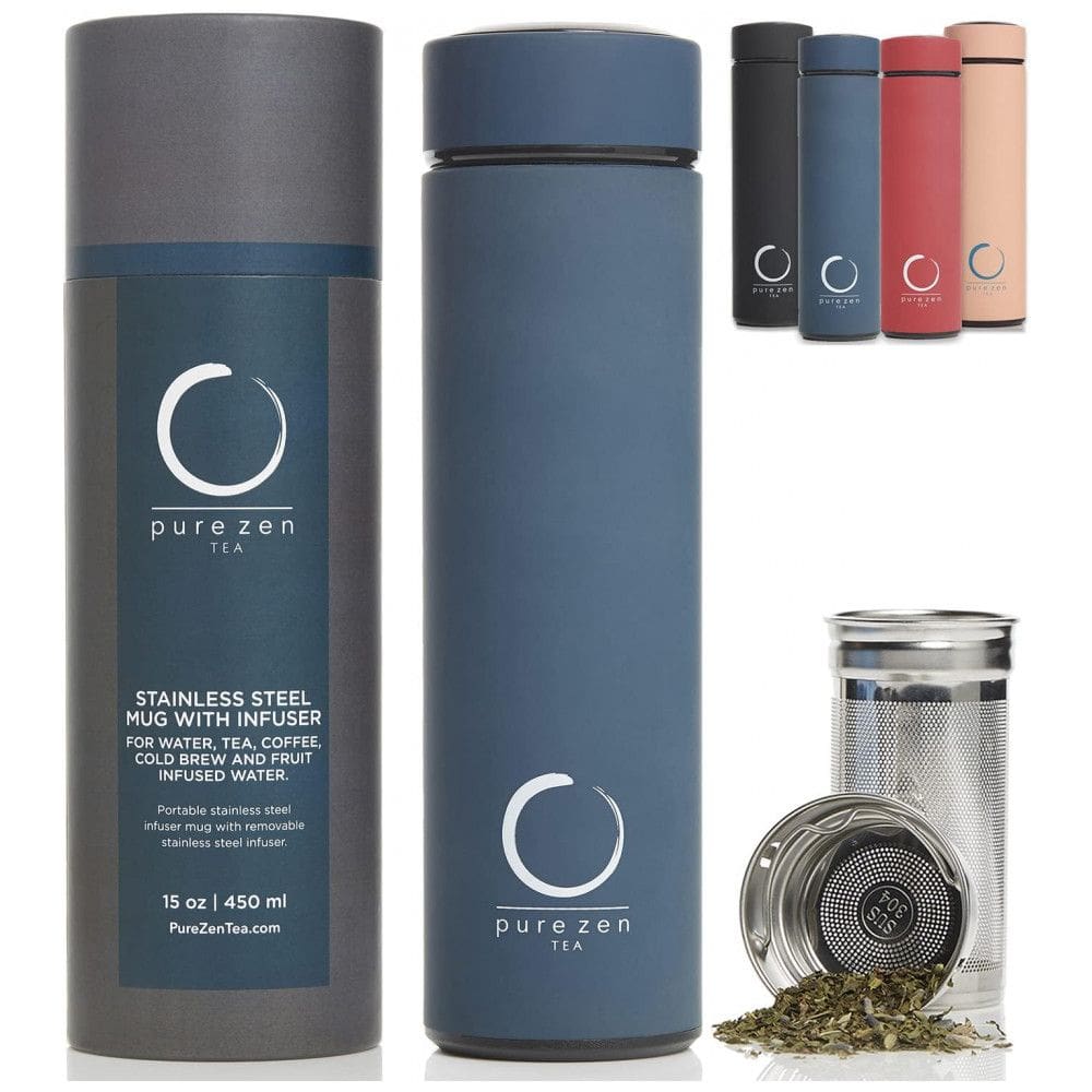 Garrafa Térmica para Água 440mL em Aço Inoxidável com Infusor para Bebidas Quentes, Pure Zen Tea, Azul