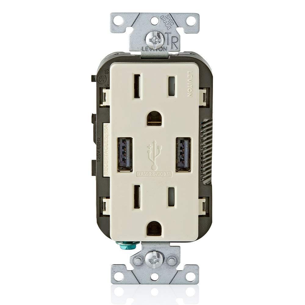 Carregador USB Leviton T5632-T tipo A com luz de saída de 15A Amêndoa