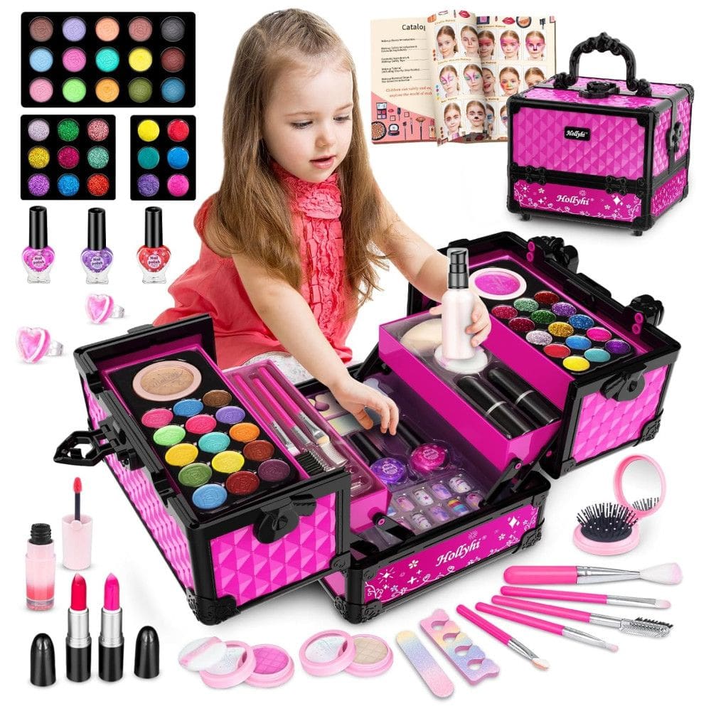 Kit de Maquiagem Infantil com 65 Peças Laváveis e Estojo para Crianças de 3 a 12 Anos, Hollyhi, Rosa