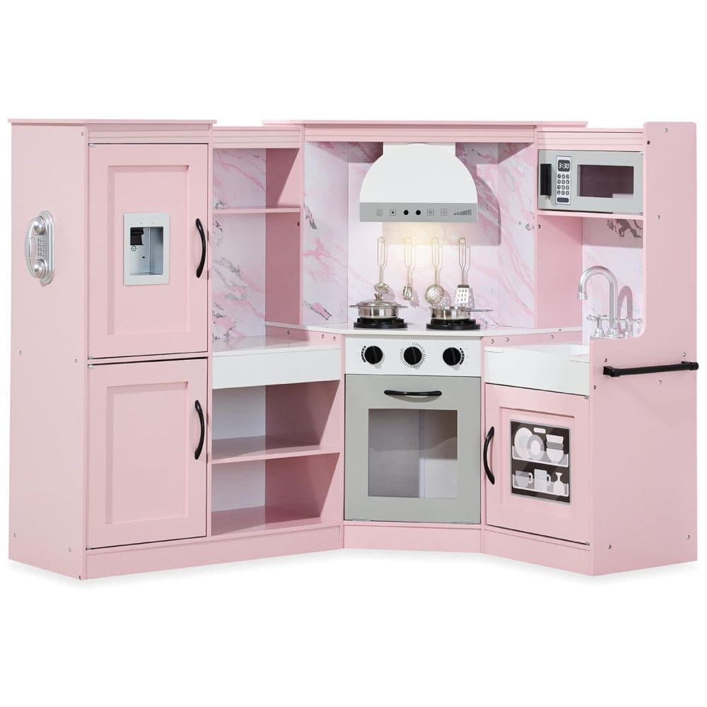 Cozinha Infantil em Madeira interativa com Luzes, Sons, Máquina de Fazer Gelo, Exaustor, Forno e Micro-ondas, Best Choice Products, Rosa
