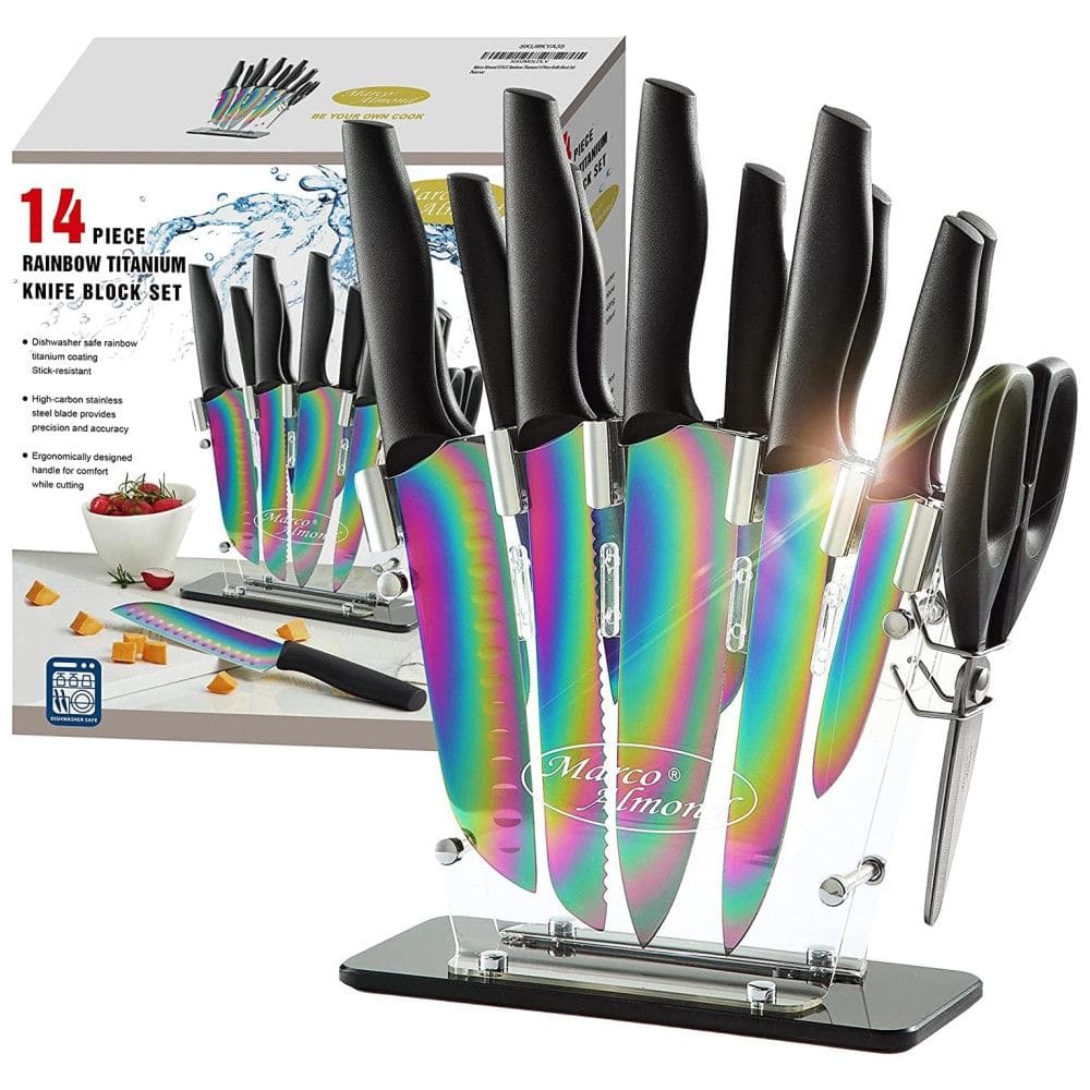 Conjunto de Facas em Aço Inoxidável com Bloco de Bancada, 14 Peças, MARCO ALMOND KYA35, Preto