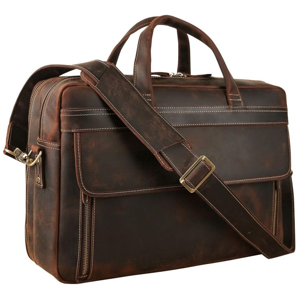 Bolsa Carteiro Masculina de Couro Bovino de Flor Integral para Laptop com 17 Polegadas, TIDING, Marrom Escuro