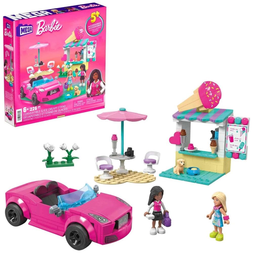 Conjunto de construção de carros Barbie MEGA com 225 peças e suporte conversível para sorvete Mattel