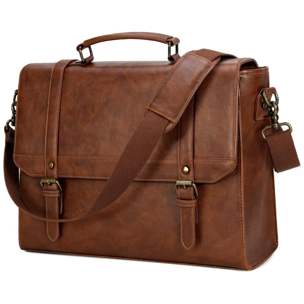 Bolsa Carteiro Masculina de Couro Sintético para Laptop com 15,6 Polegadas, IGOLUMON, Marrom