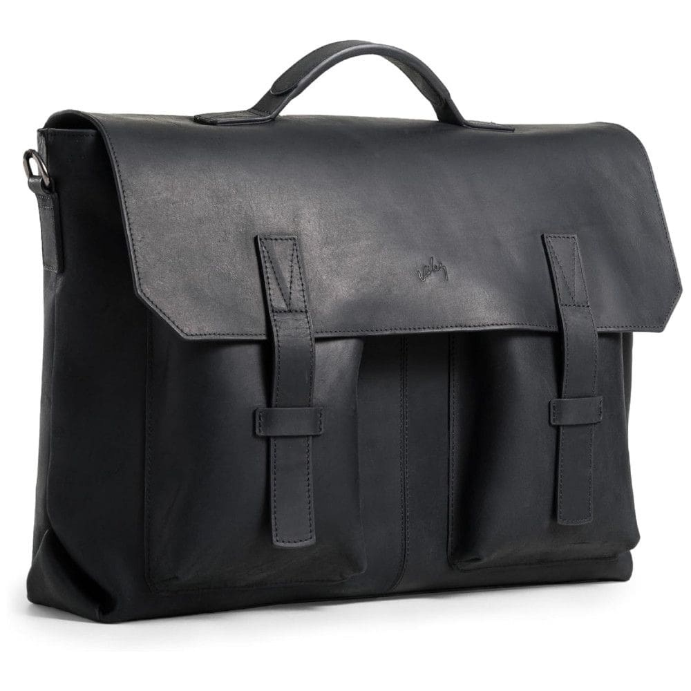 Bolsa Carteiro Masculina de Couro Grão Integral para Laptop com 15 Polegadas e Fecho Magnético, VELEZ, Preta