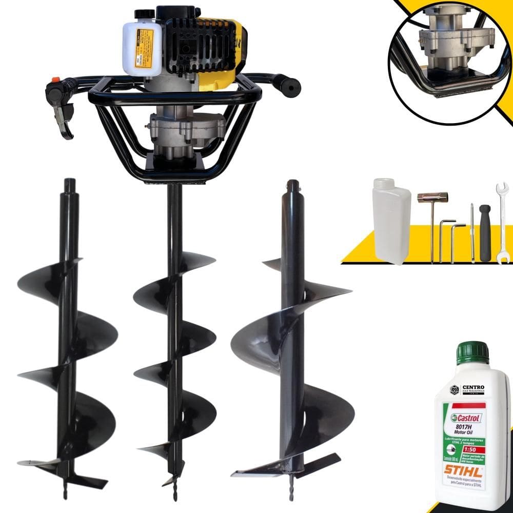 Trado Perfurador de Solo Máquina Fura Terra Lynus PSL517 À Gasolina 2T 52cc 1,8HO 9.000rpm + Brocas 80x20, 80x25 e 80x30 + EXTRA ÓLEO STIHL 2T