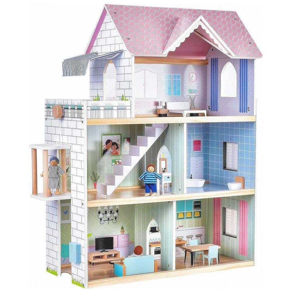 Casa de Bonecas de Madeira com Elevador, 15 Peças de Móveis, Campainha e Luz para Crianças de 3 a 12 Anos, Golitoys, Rosa e Roxo