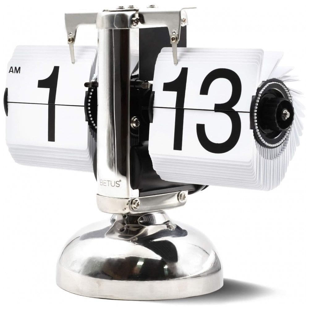 Relógio de Mesa Retrô Mecânico Alimentado por Bateria, Betus, Prata e Branco