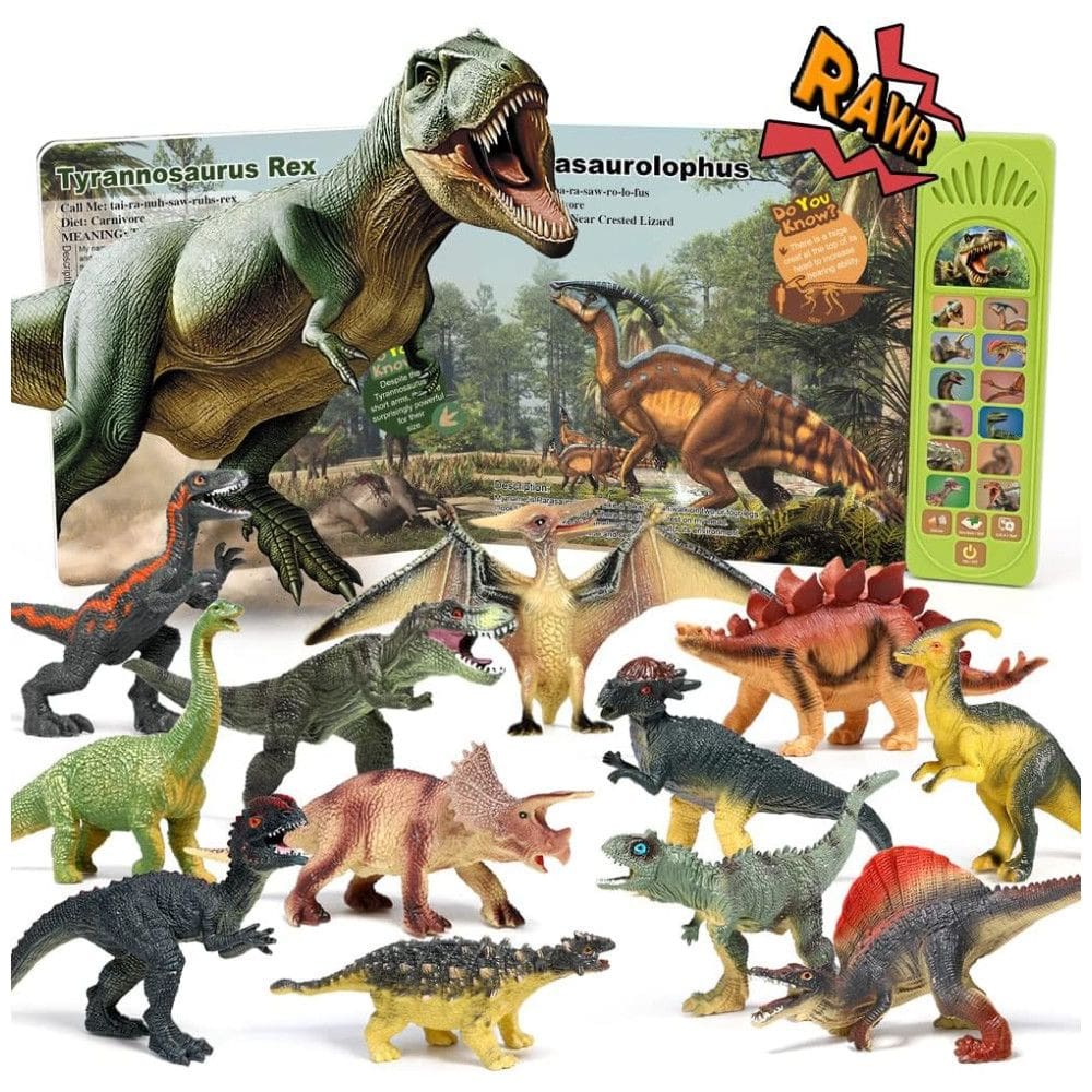 Kit 12 Dinossauros com Livro Interativo de Sons para Crianças Acima de 3 Anos, OENUX