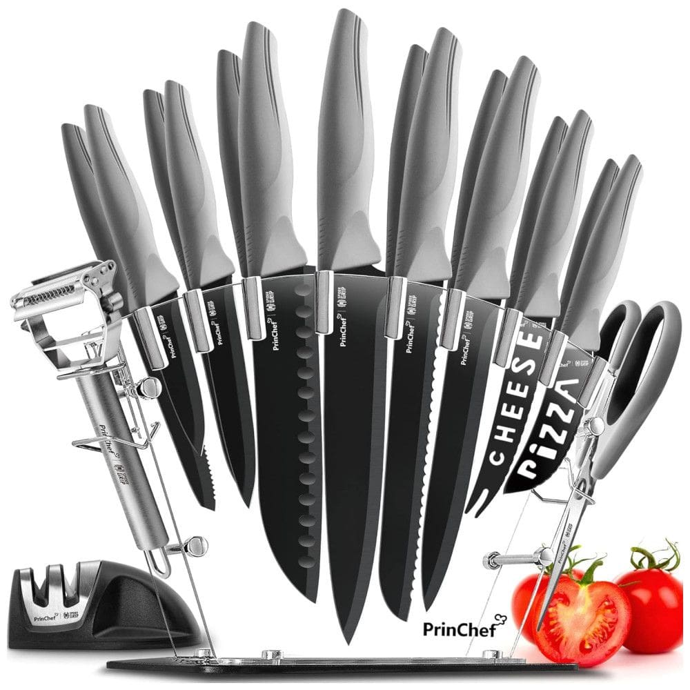Conjunto de Facas em Aço Inoxidável com Bloco de Bancada, 19 Peças, PRINCHEF LT 109, Cinza