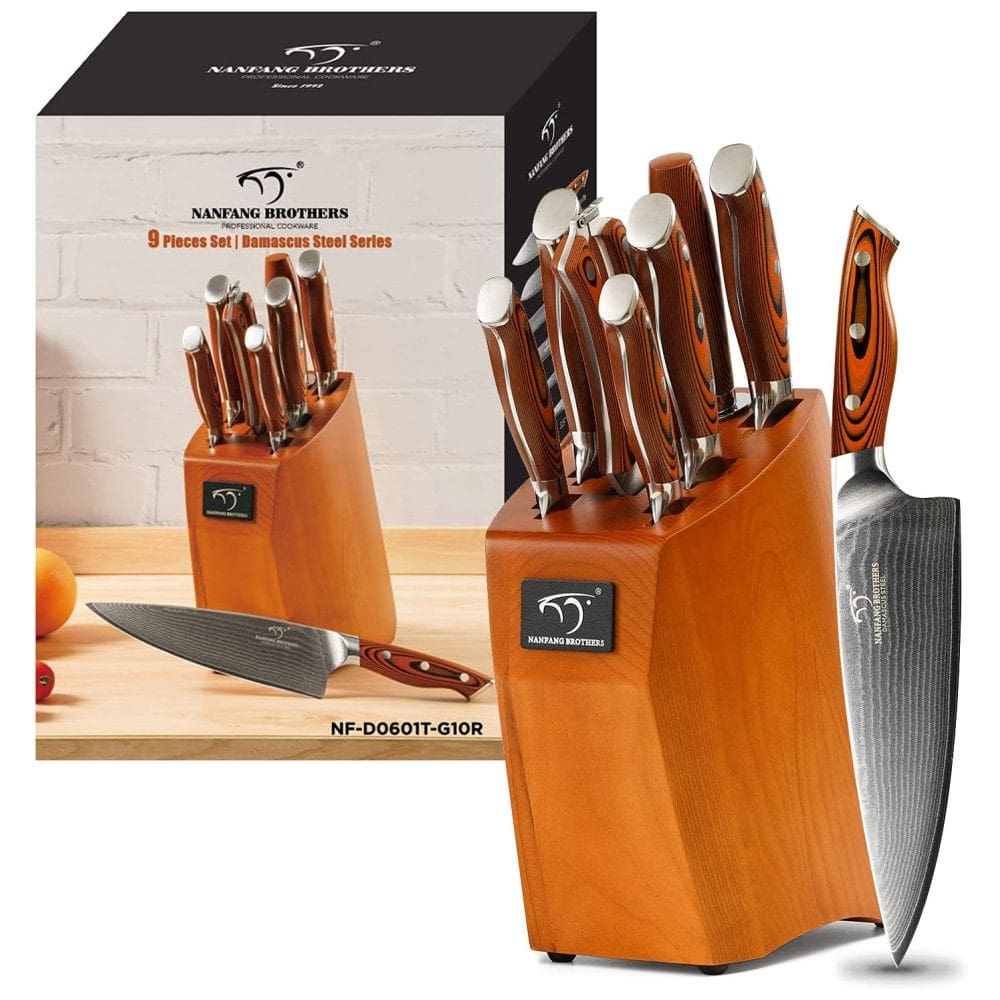 Conjunto de Facas com Bloco de Bancada e Cabo Ergonômico, 9 Peças, NANFANG BROTHERS, Marrom