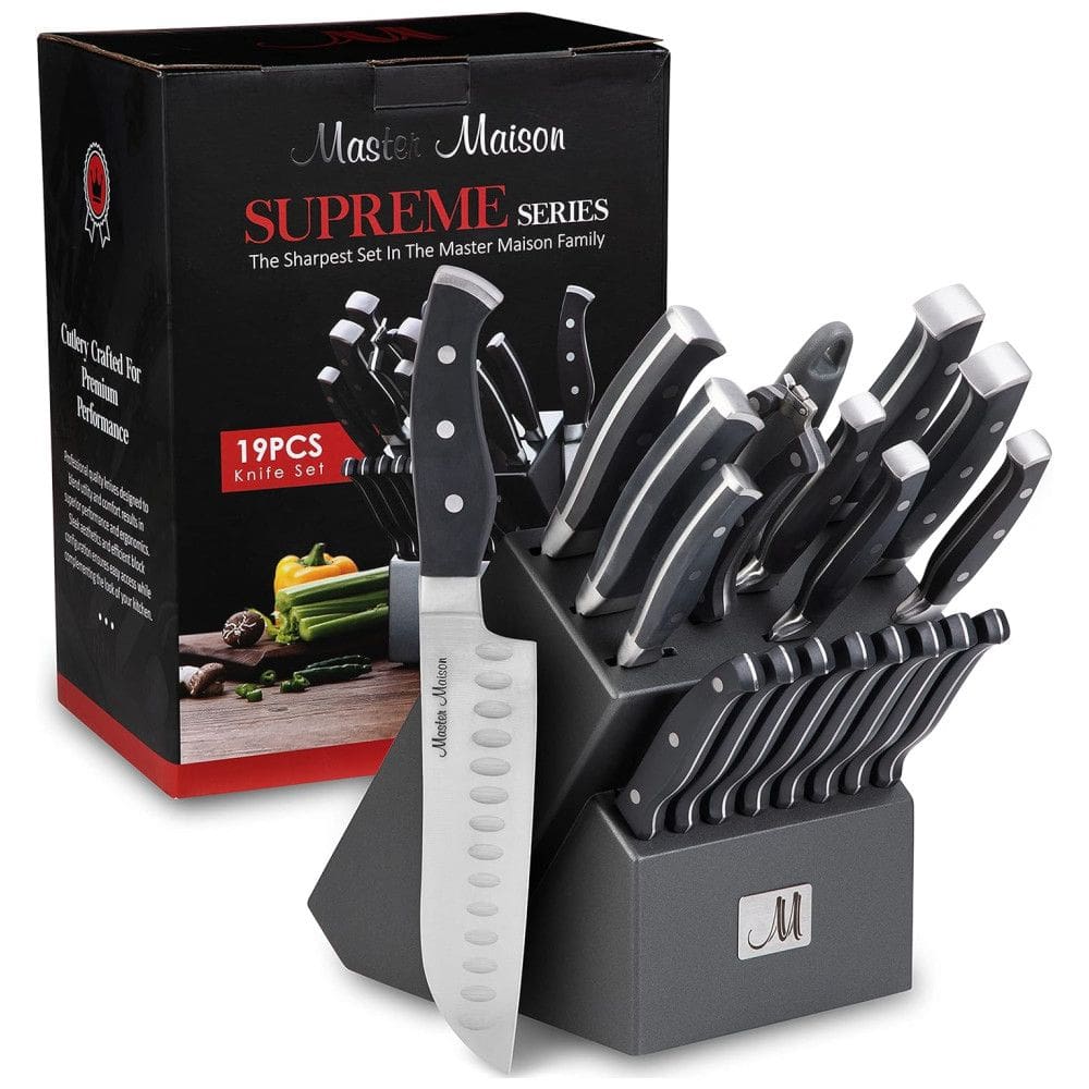 Conjunto de Facas em Aço Inoxidável com Bloco de Bancada, Peças, MASTER MAISON 19 Piece Premium Knife Set w, Block, Preto