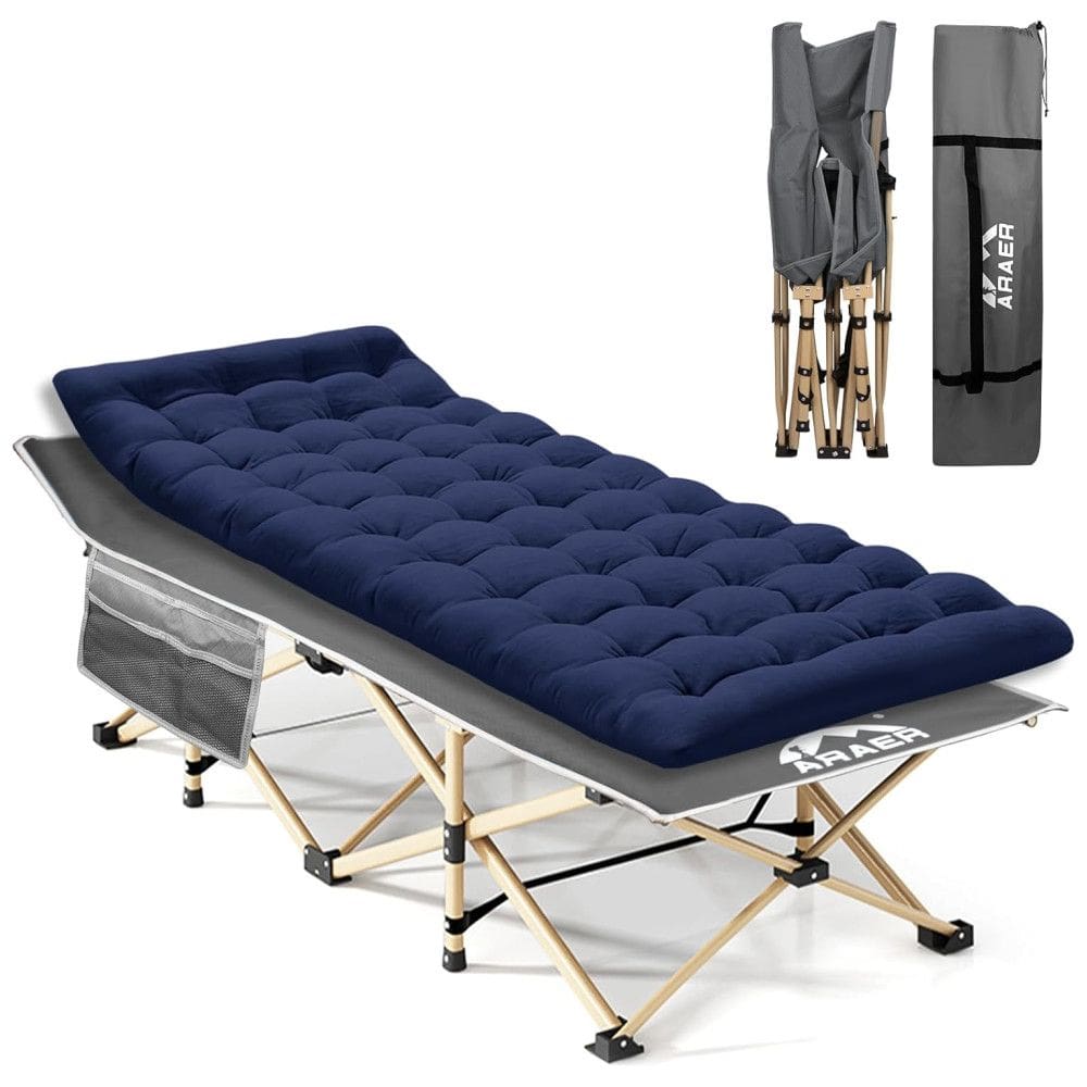 Cama Dobrável Portátil para Acampamento com Acolchoado e Bolsa de Transporte, Suporta 204 kg, ARAER, Cinza e Azul