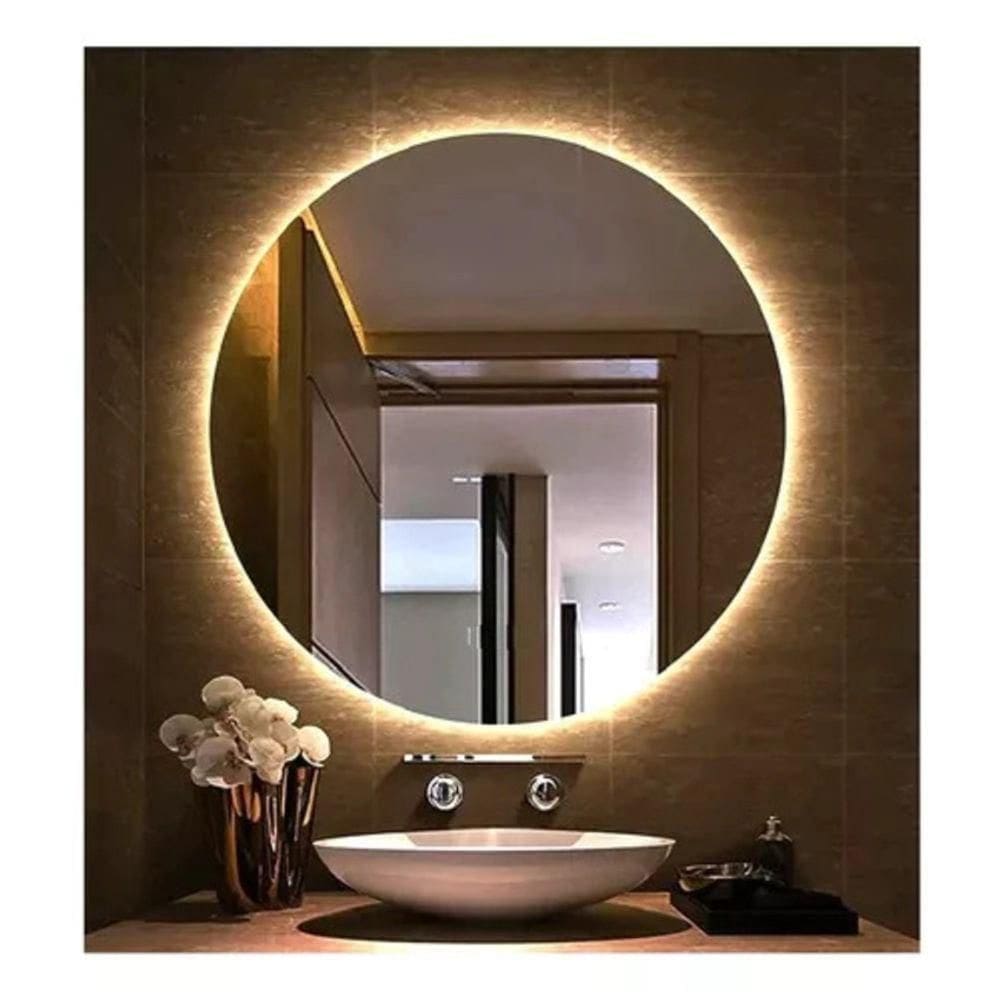Espelho Decorativo Redondo LED Branco Frio Ou Quente Com Suporte Branco Quente