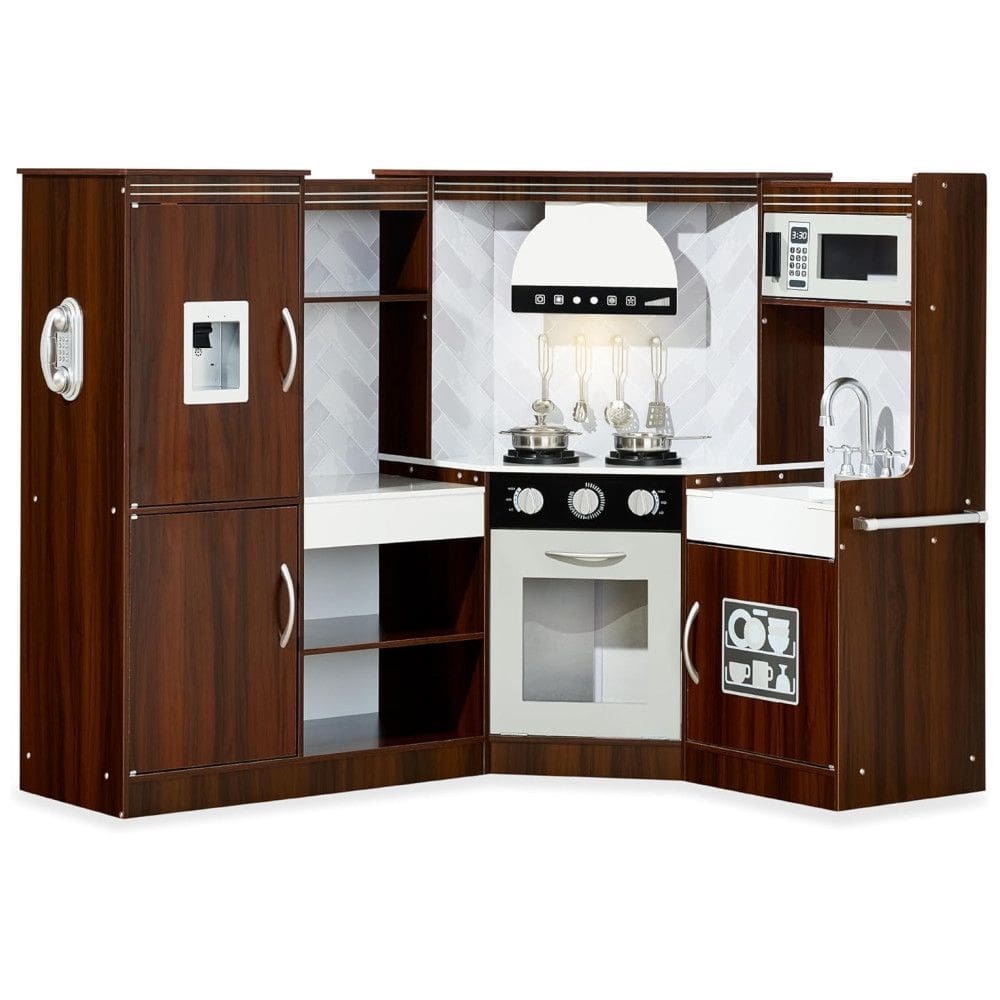 Cozinha Infantil em Madeira interativa com Luzes, Sons, Máquina de Fazer Gelo, Exaustor, Forno e Micro-ondas, Best Choice Products, Marrom