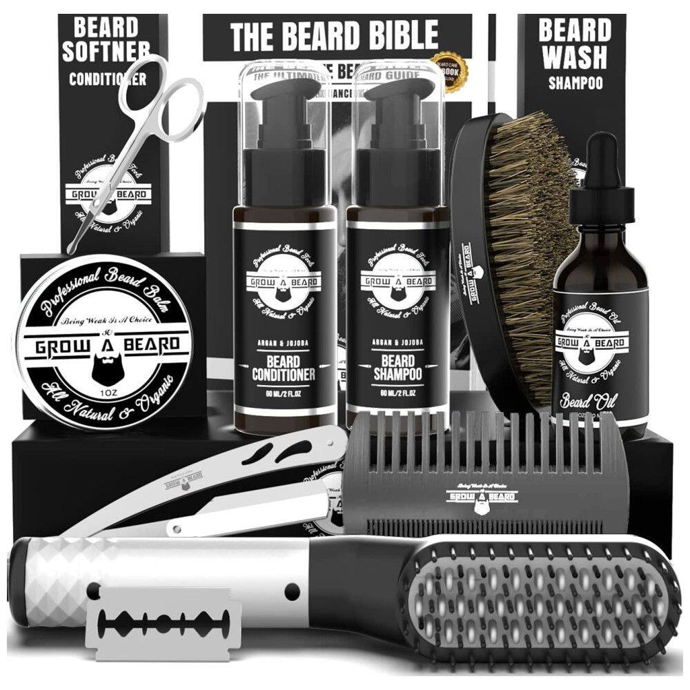 Kit para Barba Profissional Portátil com Cera e Pente, 10 Itens, GROW ALPHA BEARD, Preto