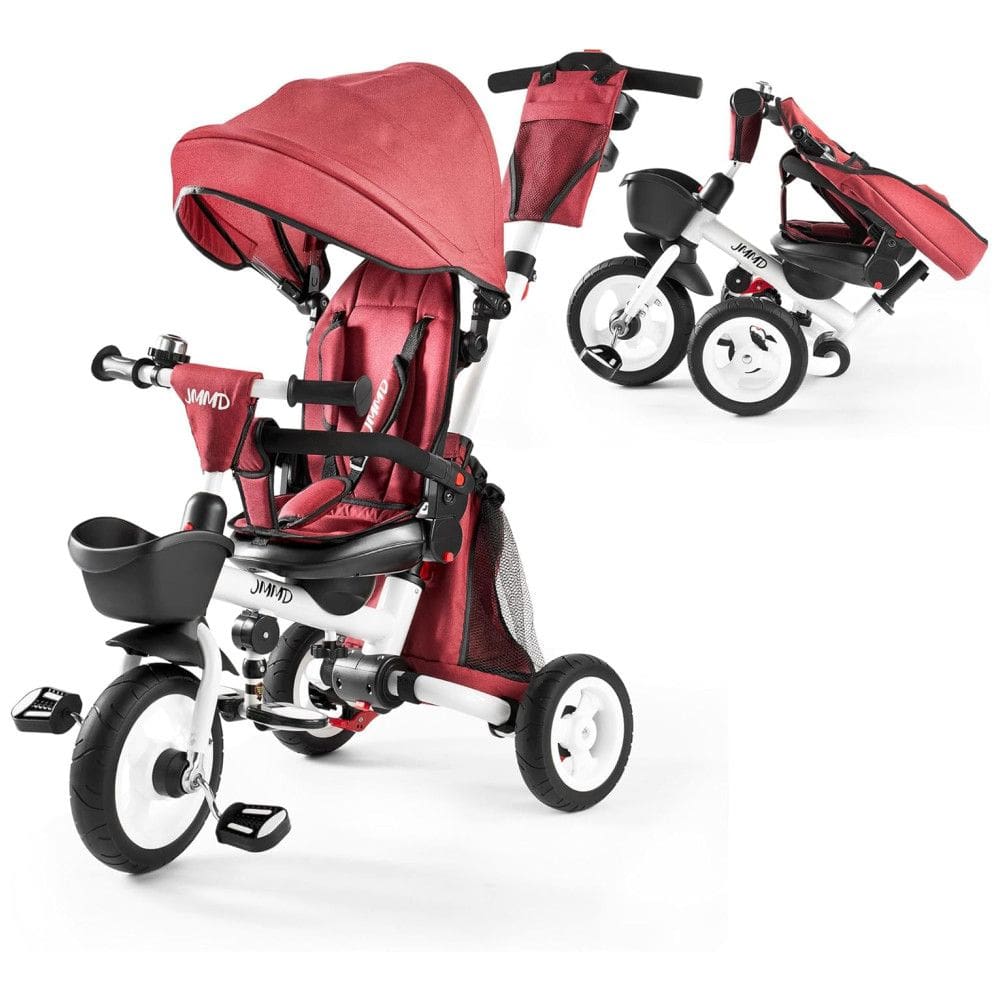 Triciclo Infantil Dobrável 7 em 1 com Alça Ajustável, Arnês de Segurança, Freios de Roda, Capota Removível e Armazenamento, JMMD, Vermelho