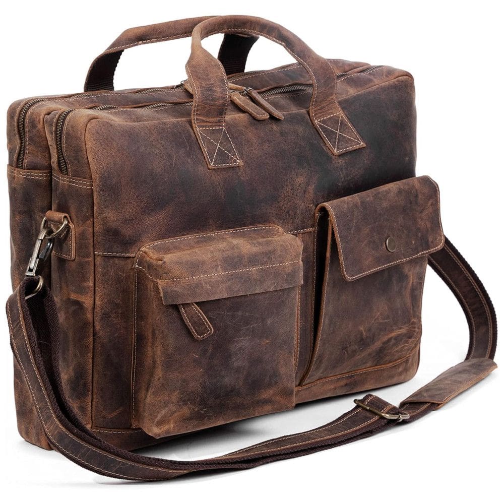 Bolsa Carteiro Masculina Couro de Búfalo para Laptop com 18 Polegadas, Komal s Passion Leather, Marrom