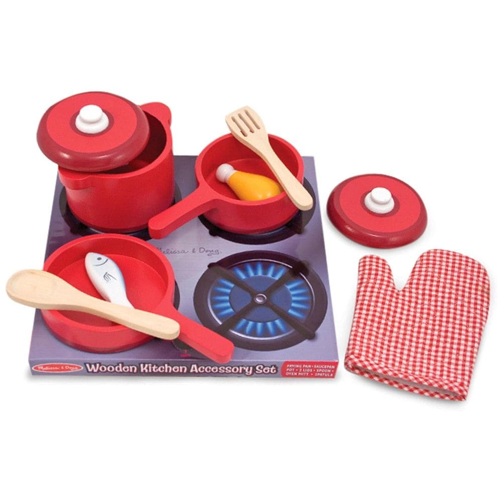 Kit Panelas e Acessórios de Cozinha Infantil de Madeira com 8 Peças para Crianças Acima de 3 Anos, Melissa & Doug, Vermelho