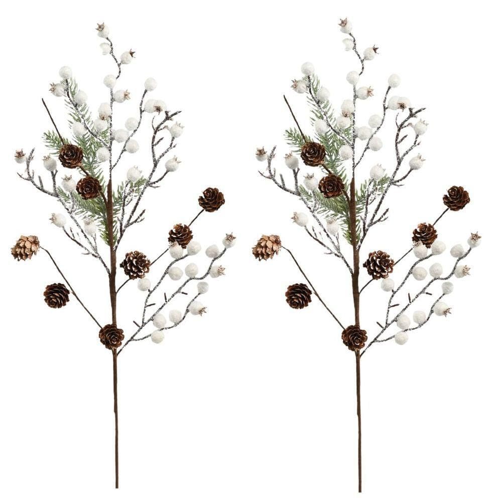 Jogo 2 Galhos Decor Natal Folhagens Berries Branco E Pinhas Rústico 62cm - Magizi