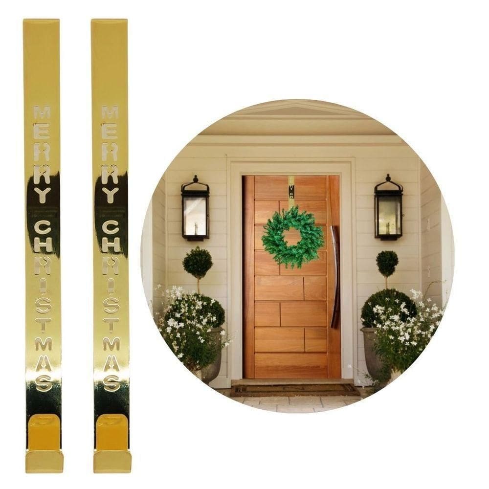 Jogo 2 Suportes Para Guirlanda Metal Dourado Merry Christmas 31cm Encaixe Porta - Magizi
