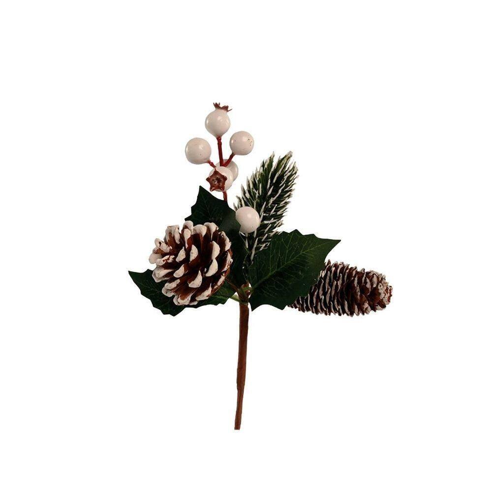 Galho Natal Pick Nevado Folhagens Pinhas E Berries Branco 18cm - Magizi