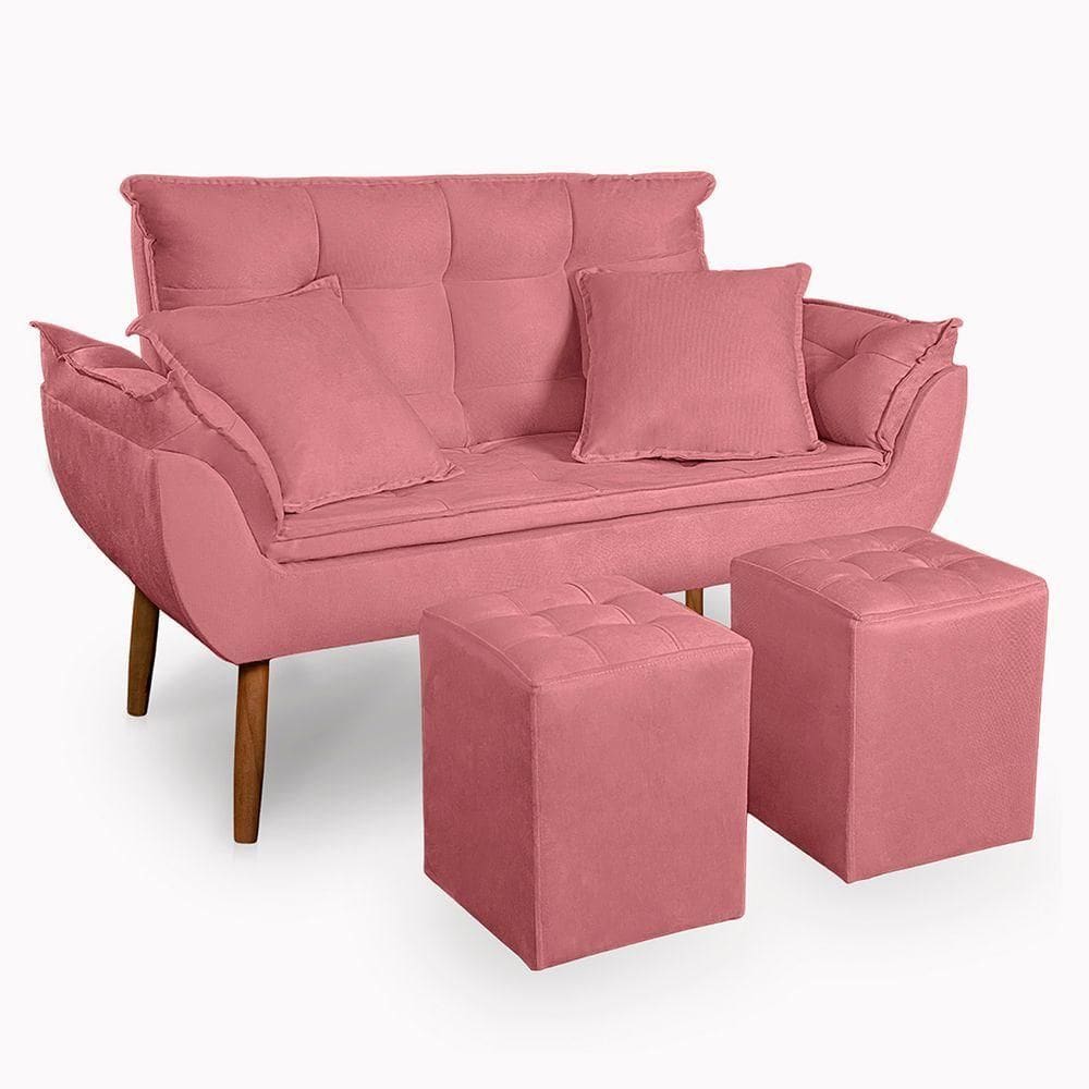 Kit Poltrona Decorativa Namoradeira 2 Puffs Quadrado E 2 Almofadas Suede - Lm Decor Rose